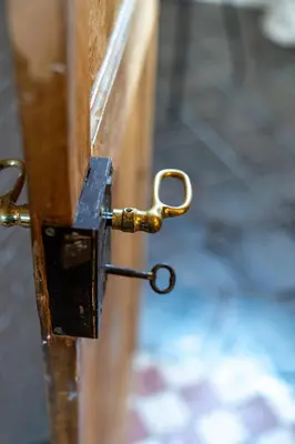 a wooden door with a brass door latch at Appart' cosy sur les toits du coeur de Nice - Clim in Nice