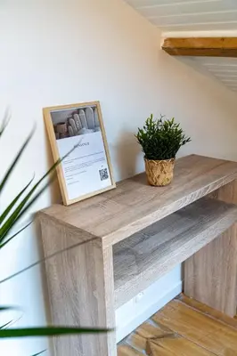 a wooden shelf with a picture and a plant on it at Appart' cosy sur les toits du coeur de Nice - Clim in Nice