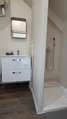 a white bathroom with a sink and a shower at LX155 Roof terrace city center Mobility Lease in Nice