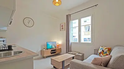 a living room with a couch and a tv at LX148 Charmant studio renove Tram - Bail mobilite in Nice