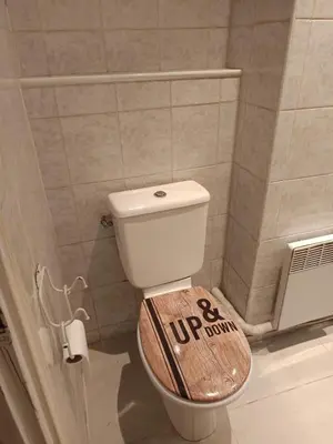 a bathroom with a toilet with a wooden seat at Studio in Nice