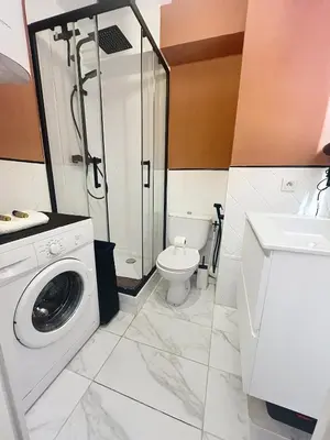 a bathroom with a washing machine and a toilet at Sunny studio on a high floor with terrace in Nice