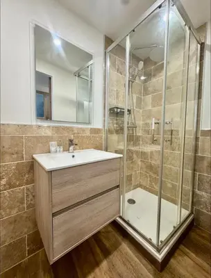 a bathroom with a sink and a shower at Superbe deux pièces dans le vieux village in Saint-Laurent-du-Var
