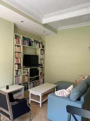 a living room with a blue couch and a tv at Appartement et terrasse Nice centre in Nice