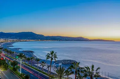 an aerial view of a beach with palm trees and the ocean at Beachfront Appartment Nice Promenade des anglais 2 terraces in Nice