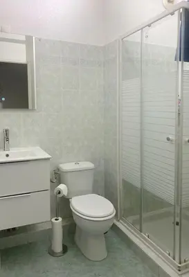 a bathroom with a toilet and a glass shower at Plein centre, calme et cosy in Nice