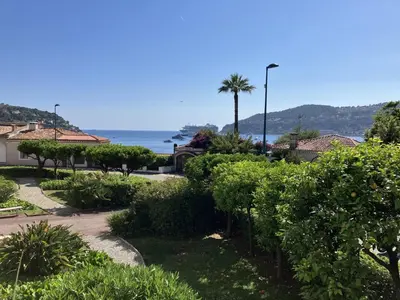 a view of a garden with a palm tree and the ocean at Ferreira in Saint-Jean-Cap-Ferrat