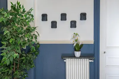 a blue and white door with a plant on a shelf at Chambre 4 La Nissa Bella in Nice