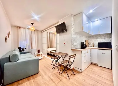 a living room with a couch and a kitchen at Cozy apartment in the heart of Nice - 3 to 4 people in Nice