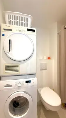a bathroom with a washing machine and a toilet at La Vista Mar - Apt Seaview Near Airport-AC-Parking in Saint-Laurent-du-Var