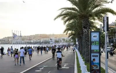 a crowd of people walking down a street with a palm tree at 1 chambre chez l'habitant, vue mer, ville et plage in Nice