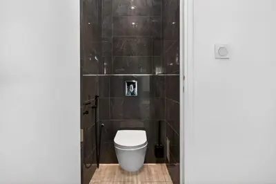 a bathroom with a toilet with a black tiled wall at Spacieux 4 pièces - Balcon - Parking - FC in Saint-Laurent-du-Var