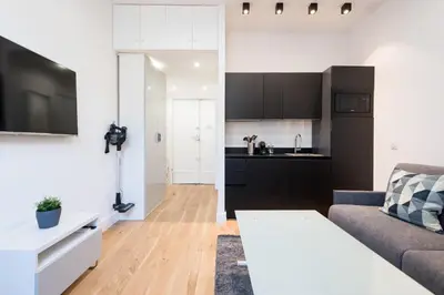 a living room with a couch and a kitchen at 1 CASSINI LOT 5 - Magnifique Studio - Garibaldi - Port in Nice