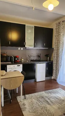a kitchen with black cabinets and a table at Nice 2-room apartment off the beach in Nice