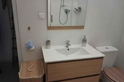 a bathroom with a white sink and a shower at Charming bright apartment in Nice in Nice