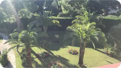 a view of a garden with palm trees and a pond at Mer et Soleil in Villefranche-sur-Mer