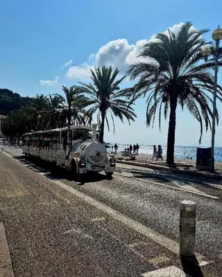 a bus driving down a beach with palm trees at Résidence So Amata , à deux pas du Port de Nice in Nice