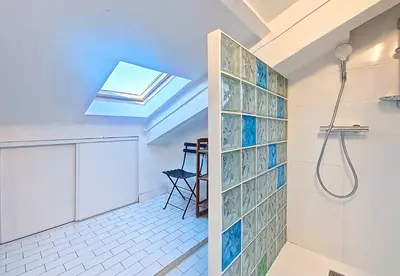 a bathroom with a shower and a skylight at Nestor&Jeeves - L ESCURIAL - Central in Nice