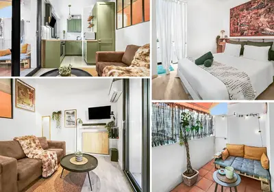 a collage of photos of a living room and a bedroom at Central, élégant & cosy in Nice