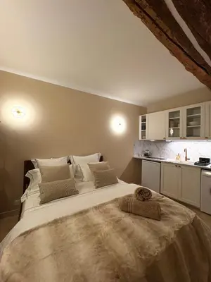 a bedroom with a large bed and a kitchen at Authentic Provençal Studio in Nice