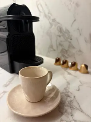 a coffee cup on a plate next to a coffee maker at Authentic Provençal Studio in Nice