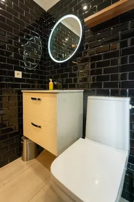 a bathroom with a white toilet and a mirror at Victoria 2 People Parking AC WiFi in Nice