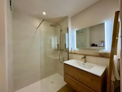 a bathroom with a shower and a sink and a mirror at Studio cosy - Vue mer - Terrasse - Parking in Saint-Laurent-du-Var