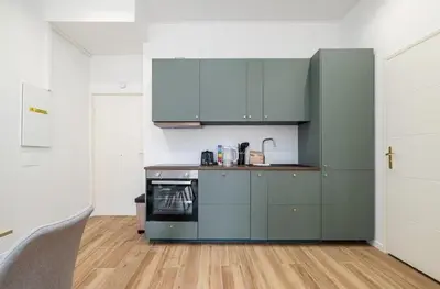 a kitchen with green cabinets and a stove at Au cœur de Nice, Gare à pied et Climatisation in Nice