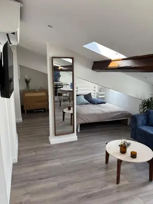 a living room with a bed and a mirror at Cocon lumineux sous les toits de Nice in Nice