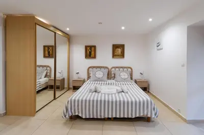 a bedroom with two beds and a large mirror at Studio indépendant en villa Calme, Jardins et Piscine à 5 min de la Mer in Nice