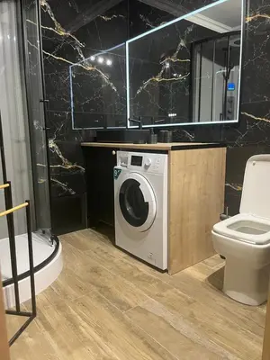 a bathroom with a washing machine and a toilet at Nid Azuréen – À deux pas de la plage, 6P in Saint-Laurent-du-Var