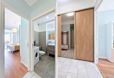 two views of a bathroom with a toilet and a mirror at Nestor&Jeeves - BLUE PASTEL PROMENADE - Spacious - Close sea in Nice