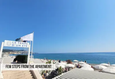 a sign on the beach with the ocean in the background at Nestor&Jeeves - BLUE PASTEL PROMENADE - Spacious - Close sea in Nice