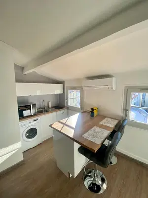 a kitchen with a table and a stove and a sink at Studio moderne au Carré d'Or in Nice