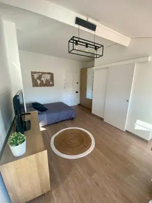 a room with a bed and a desk and a television at Studio moderne au Carré d'Or in Nice