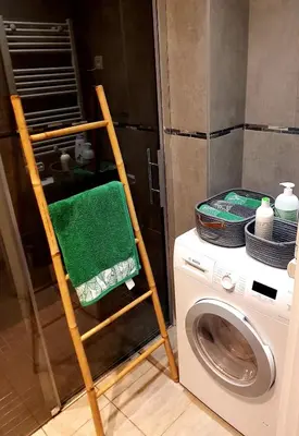 a ladder next to a washing machine with a towel at PANORAMIC SEA VIEW with PRIVATE PARKING and AC in Nice