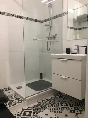 a bathroom with a shower and a sink and a toilet at 3 pièces 10 min de la mer et du tram in Nice