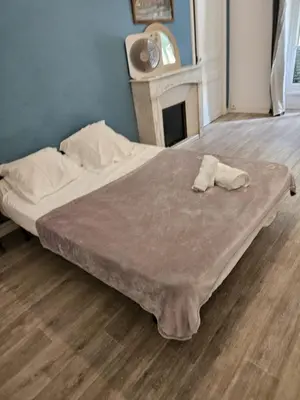 a large bed in a room with a fireplace at superbe chambre plein centre Nice climatisé direct aéroport via tram in Nice