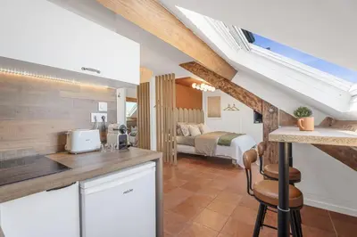 a kitchen and a bedroom with a bed in a room at Studio sous les toits, Nice Centre in Nice