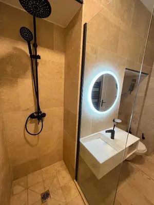 a bathroom with a shower with a sink and a mirror at Appartement au centre calme in Nice