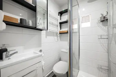 a white bathroom with a toilet and a sink at Les Palmiers, quiet and air-conditioned in Nice