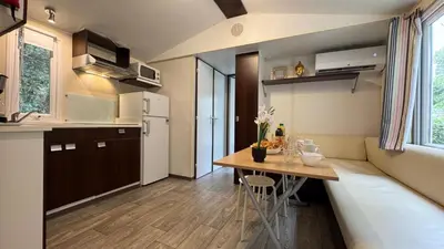 a small kitchen with a table and a couch in a room at Cosy mobil-home wifi clim in Cagnes-sur-Mer