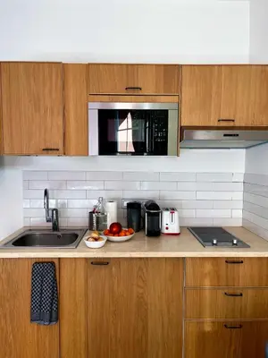 a kitchen with a sink and a microwave at Studio Ciste avec terrasse à Cagnes-sur-Mer in Cagnes-sur-Mer