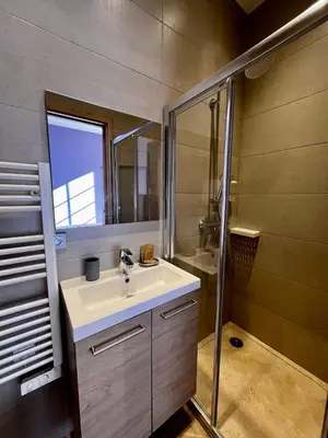 a bathroom with a sink and a shower at Studio Lavande cosy et central à Cagnes-sur-Mer in Cagnes-sur-Mer