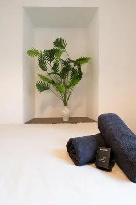 a plant in a white vase sitting on a bed at Appartement cosy au coeur de Cagnes sur Mer in Cagnes-sur-Mer