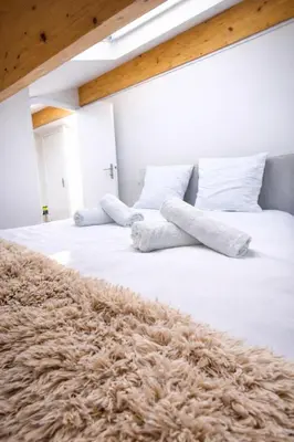 a bedroom with two beds with white sheets and a rug at Elegant Renovated Apartment Nice Port AC Sleeps 4 in Nice