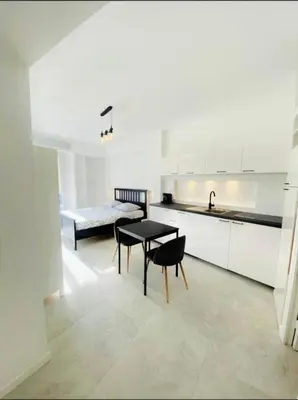 a white kitchen with a black table and a bed at Magnifique studio avenue des diables bleus in La Celle-sous-Gouzon