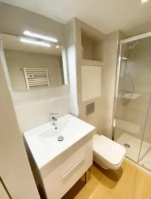 a bathroom with a sink and a shower and a toilet at Duplex studio 50 mètres de la plage in Nice