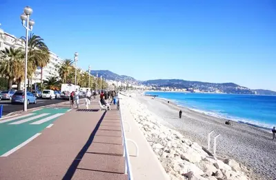 a beach with palm trees and people walking on it at Duplex studio 50 mètres de la plage in Nice