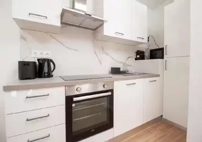 a kitchen with white cabinets and a stove top oven at Magnifique Confortable & Rénové au Port de Nice in Nice